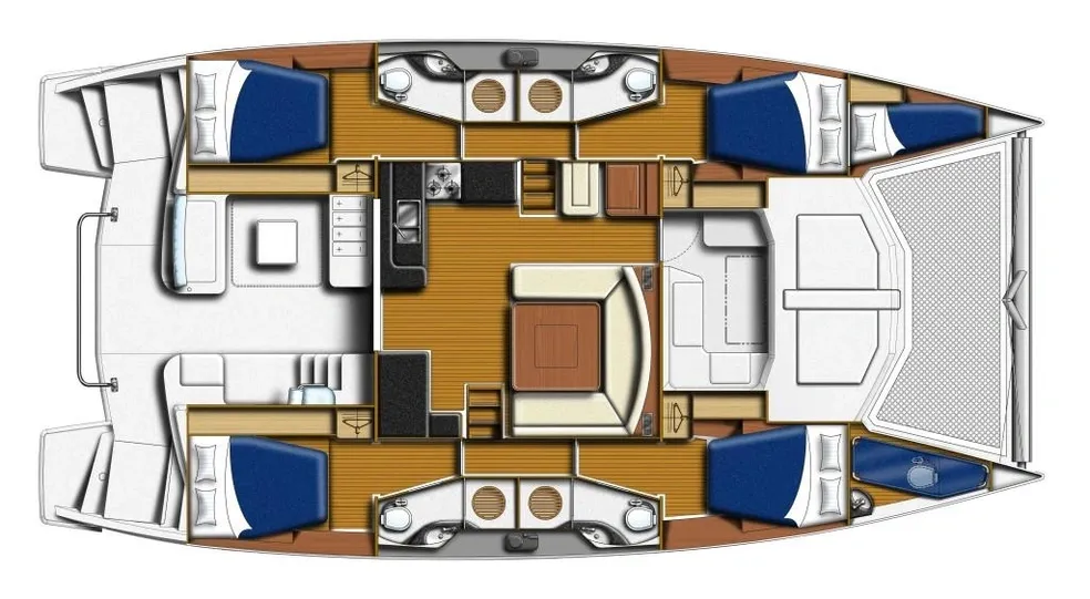 The floor plan of a Belize catamaran for sailing vacations.